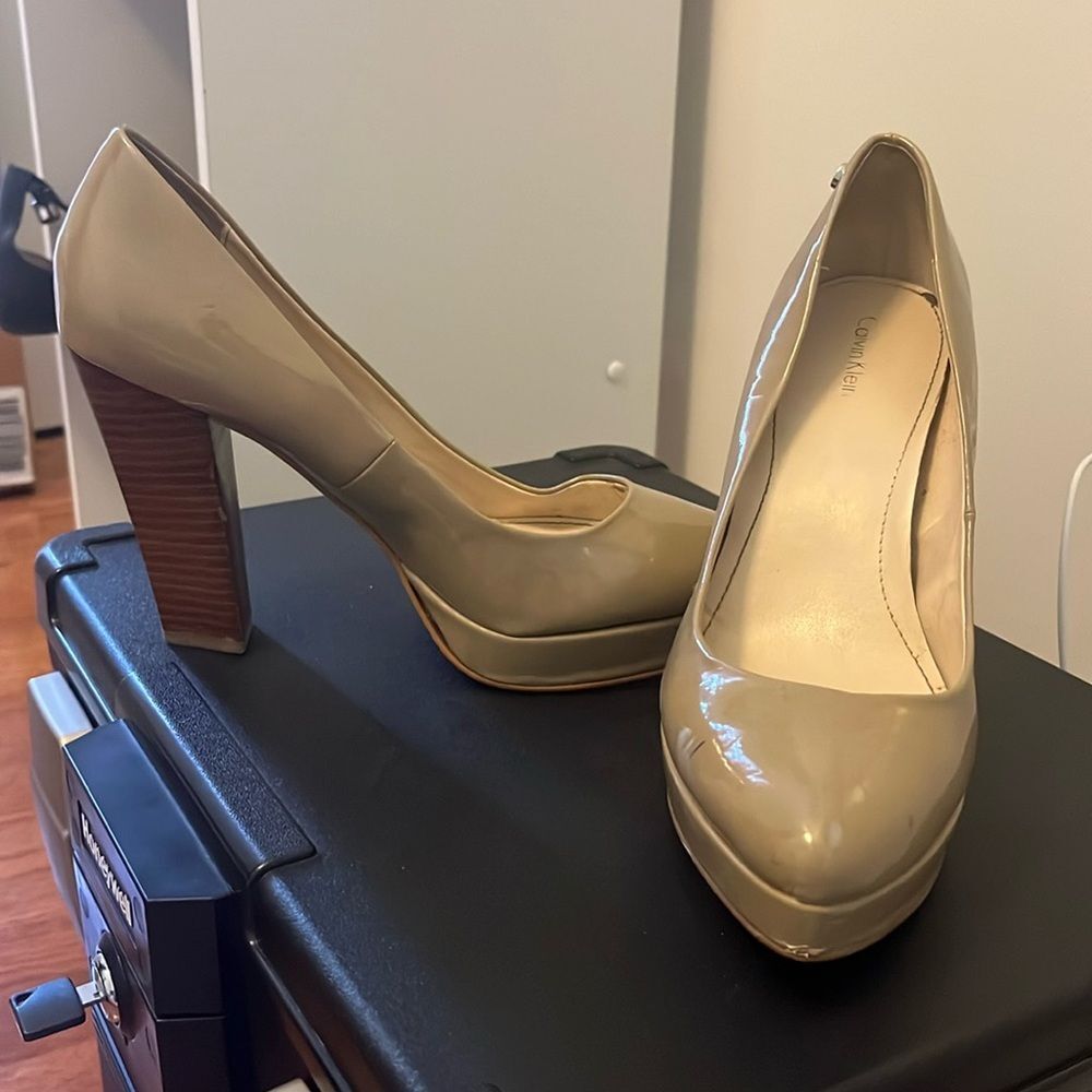 Calvin Klein Nude Patent Leather Pump with Wood Block Heel